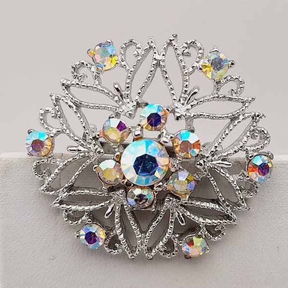 Vintage Snowflake Silver Tone Aurora Borealis Rhinestones 1 3/4 Inch Brooch - Picture 7 of 10
